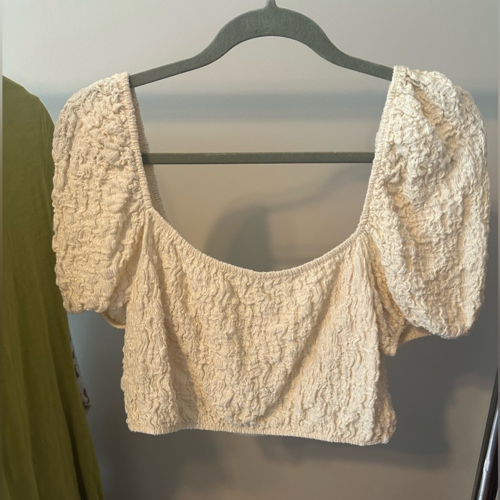 Zara Cream Puff Sleeve Smocked Crop Blouse